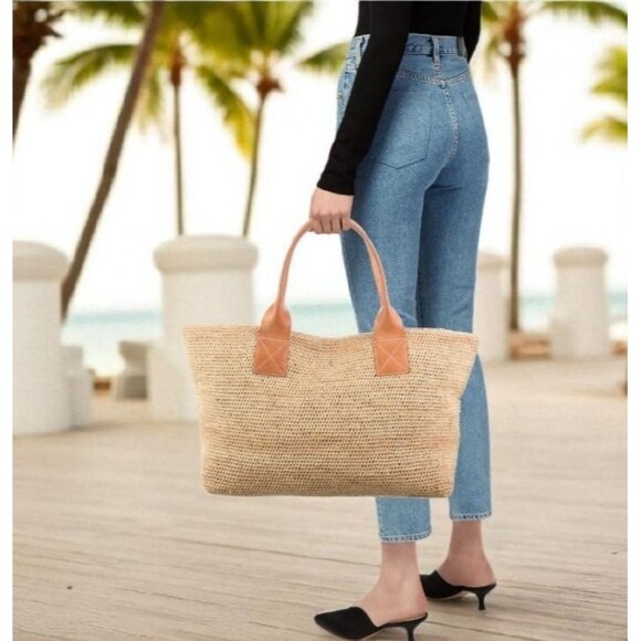 Helen Kaminski Raffia Weave Beige Tote Bag Leather Straps - Picture 16 of 16